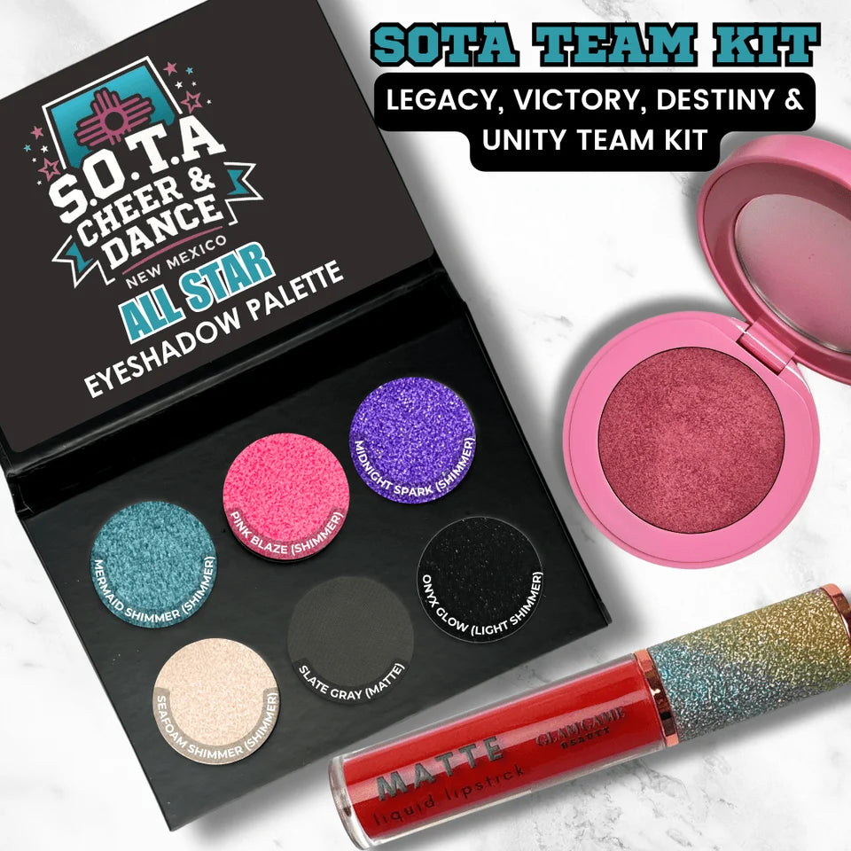SOTA custom kit with branded six-color eyeshadow palette, blush, and lip color