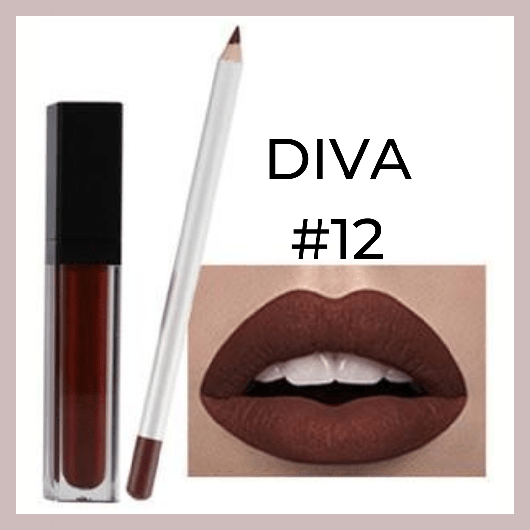 Diva Dark Brown Matte Liquid Lipstick and Lip Liner Lip Kit