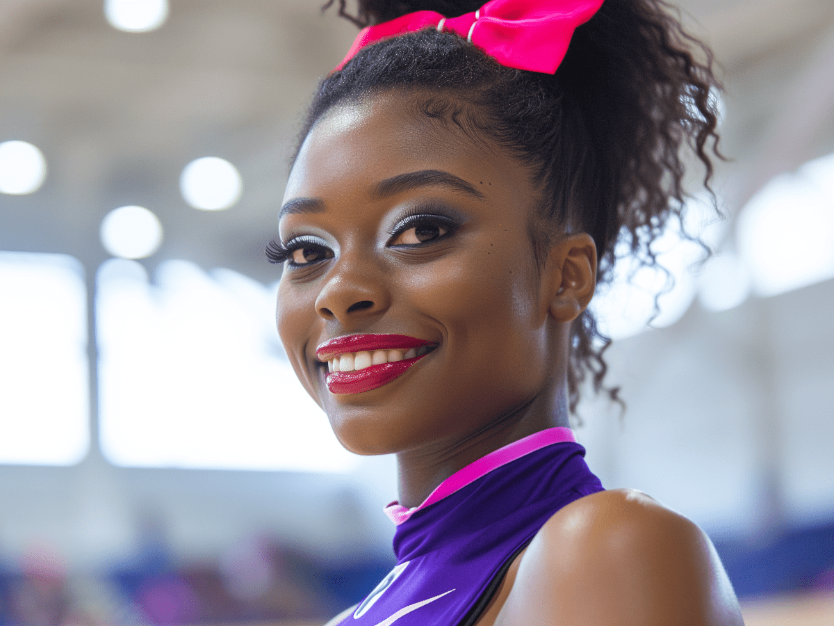glam_game_black_woman_cheerleader_in_a_purple_and_pink_game_on_cheer_makeup_cheer_lashes
