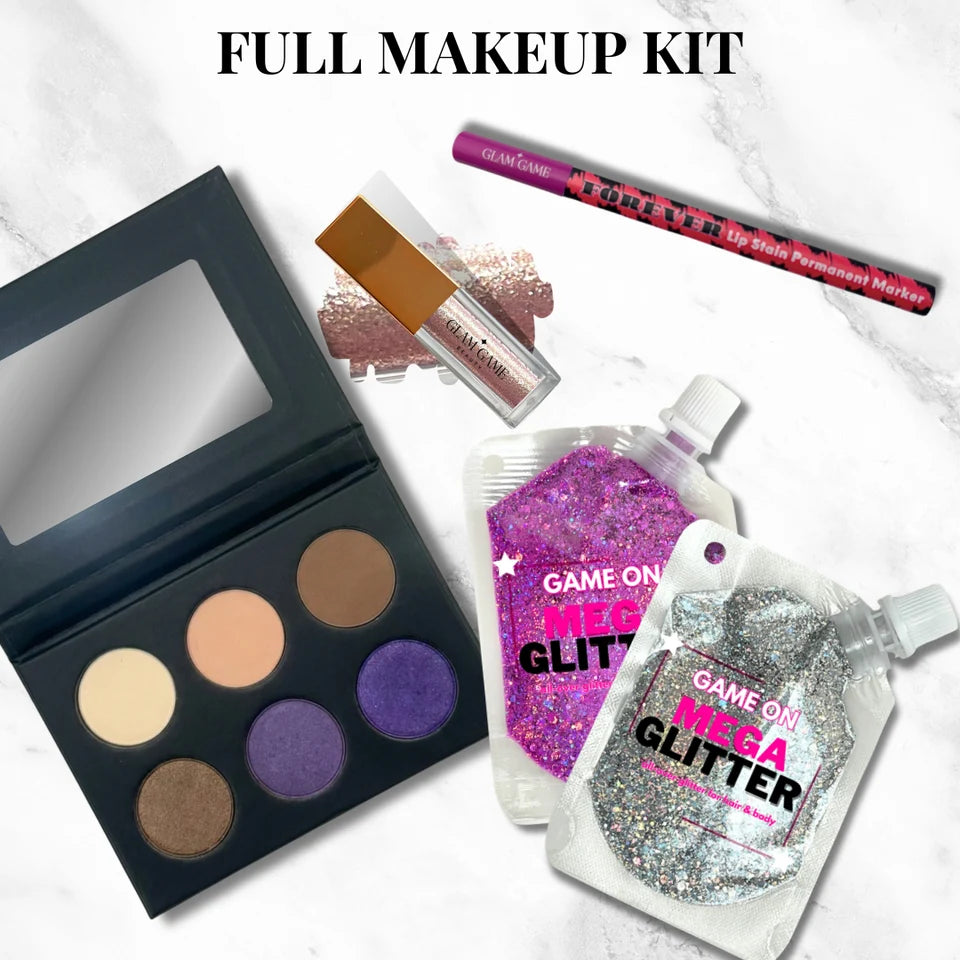 Extreme Tumble and Cheer kit with a six-color eyeshadow palette, lip stain, liquid glitter, and purple and silver glitter
