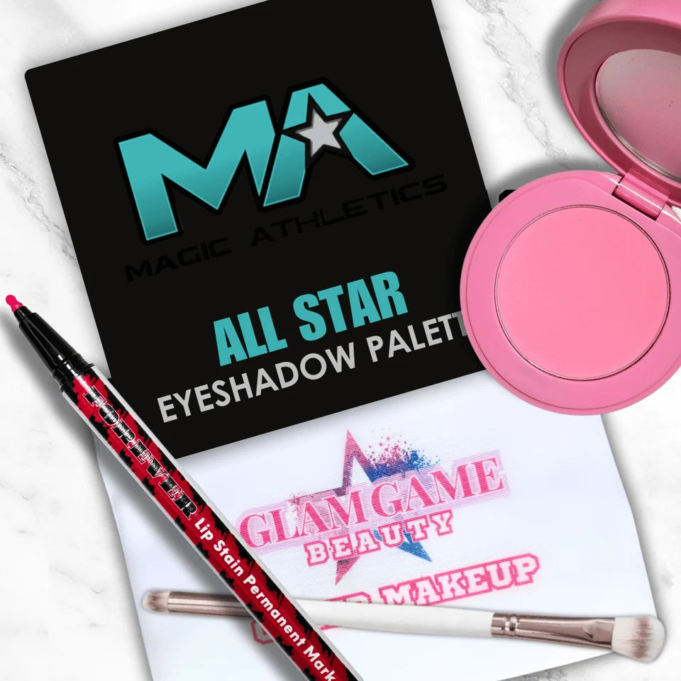 Magic Athletics kit with branded eyeshadow palette, pink blush, lip color, and brush